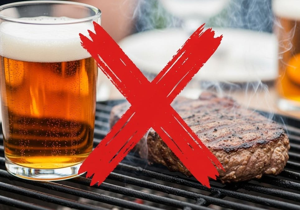 A glass of beer and grilled steak crossed out with a red X