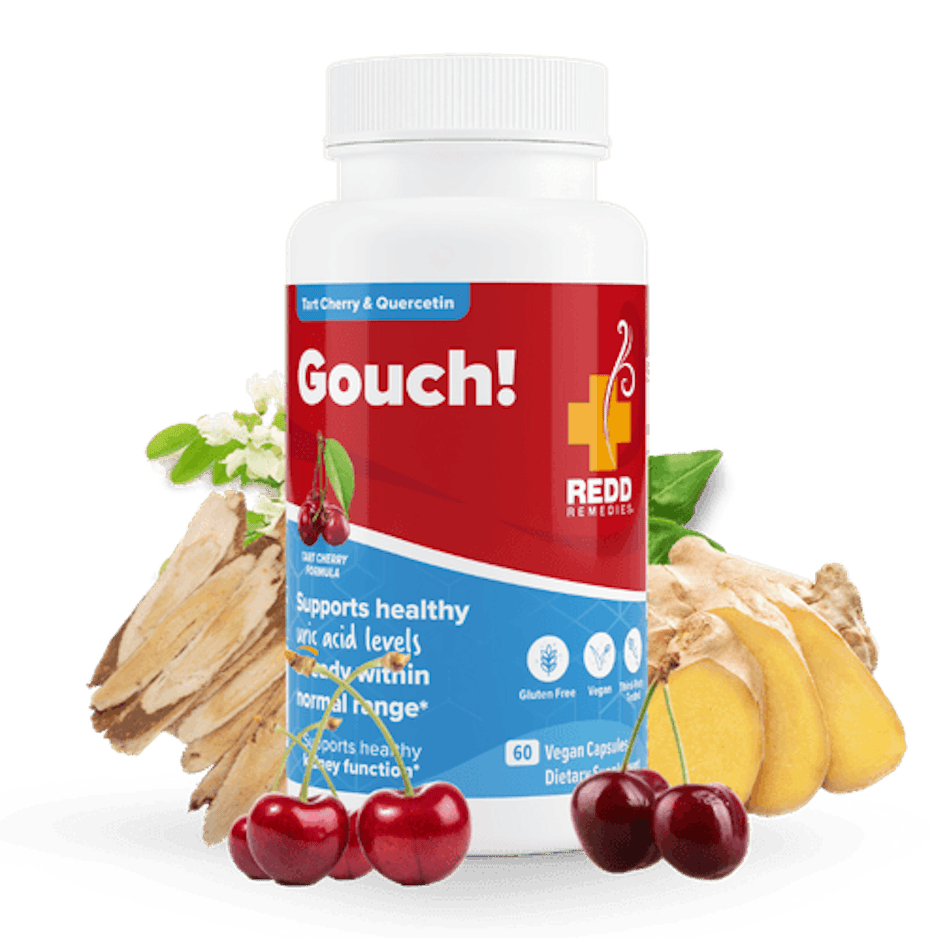 Gouch! bottle surrounded by tart cherries, ginger and botanicals
