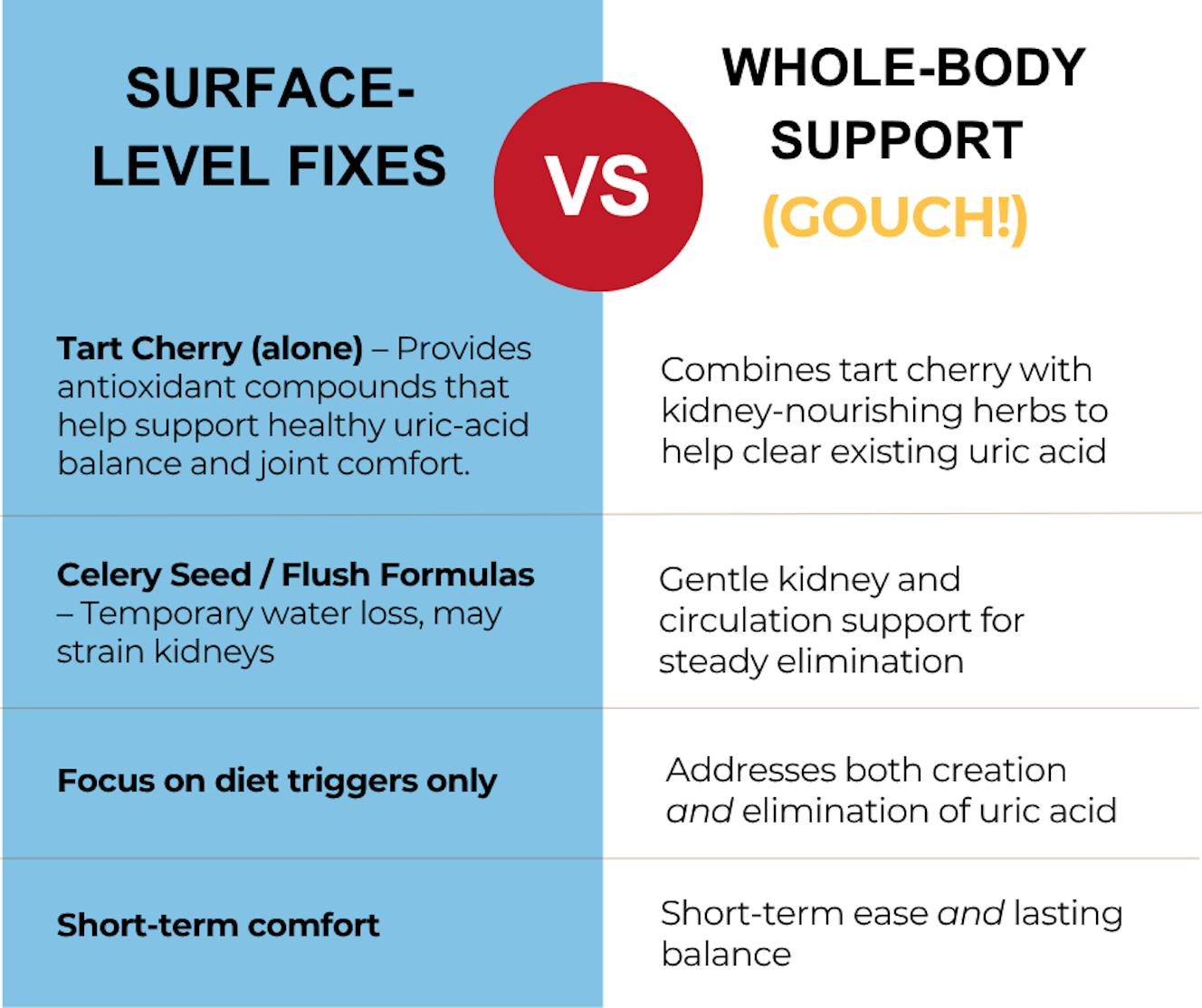 Comparison chart: surface-level fixes versus whole-body support with Gouch!