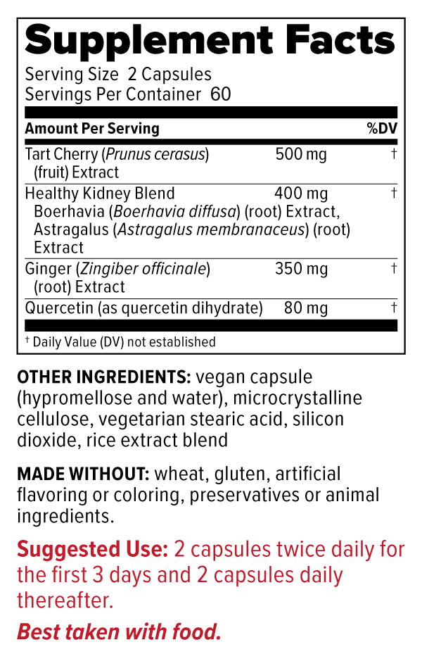 Gouch! 120-count Supplement Facts panel: serving size 2 capsules, 60 servings per container, Tart Cherry 500 mg, Healthy Kidney Blend 400 mg, Ginger 350 mg, Quercetin 80 mg