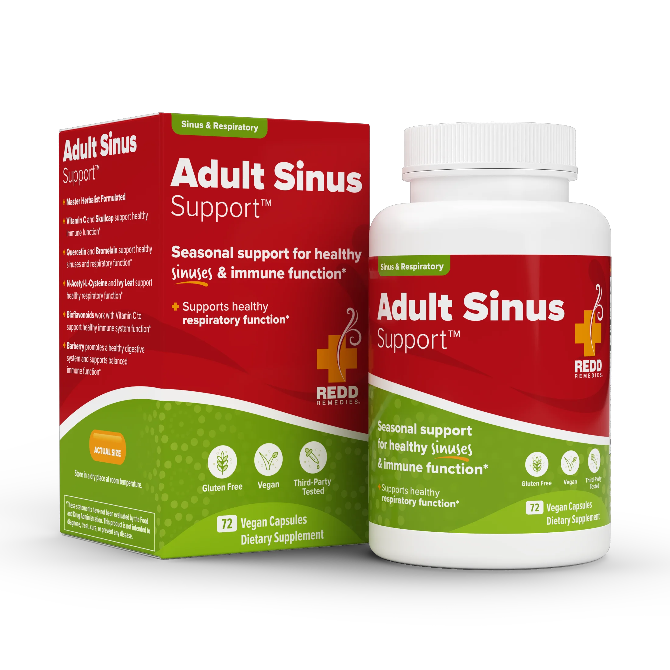 Redd Remedies Adult Sinus Support bottle, 72 vegan capsules, 36 servings