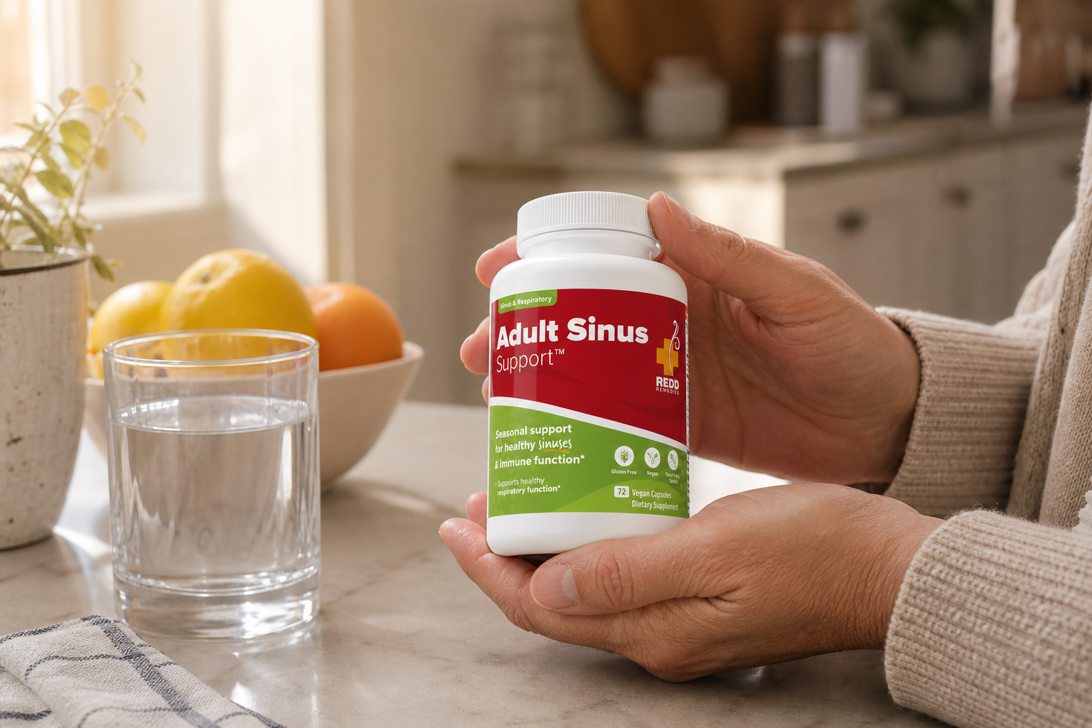 Adult Sinus Support bottle held in a warm kitchen with a glass of water and fresh citrus